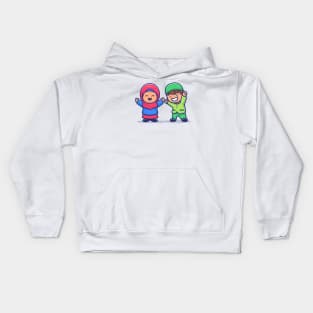 Girl And Boy Moslem Celebrating Eid Mubarak Cartoon Illustration Kids Hoodie